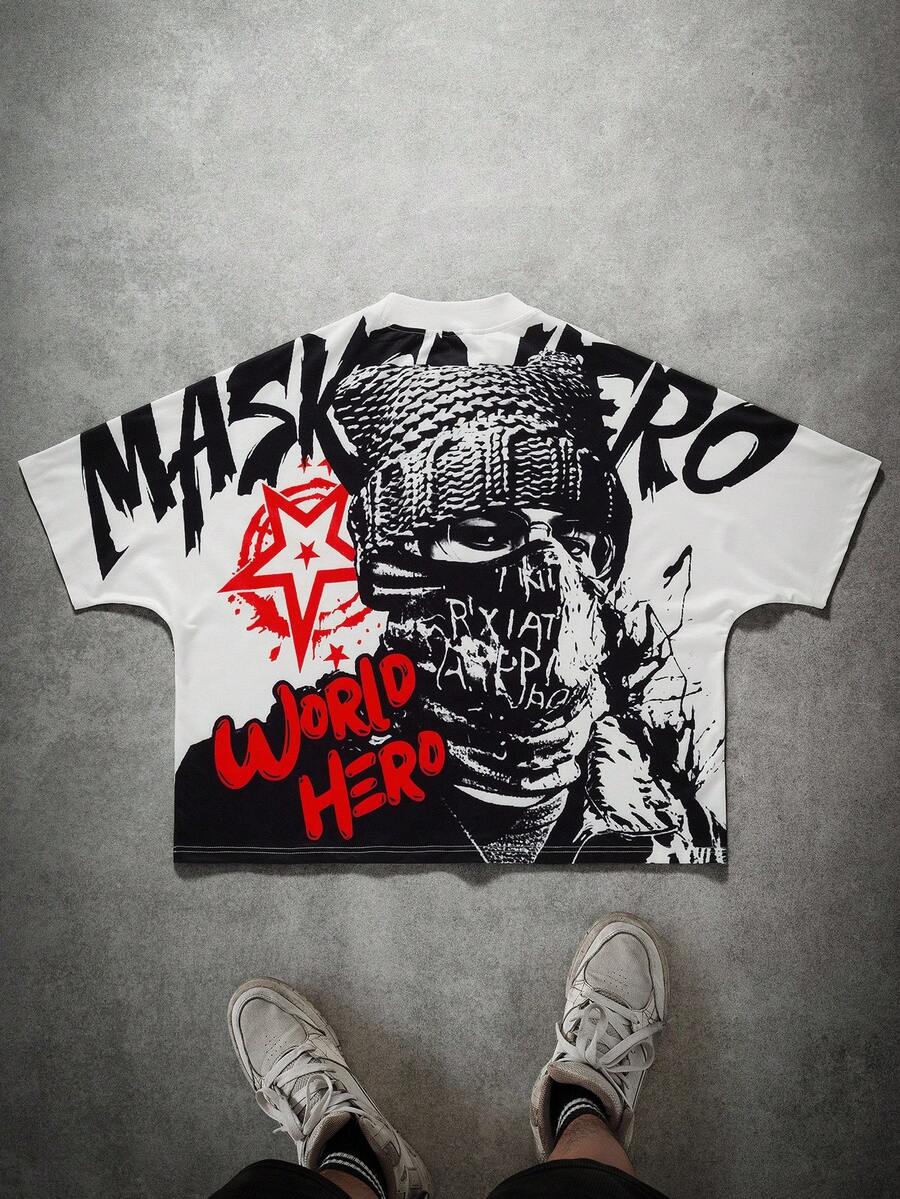 PAVTROS Plus Size Men's Character & Letter Print Short Sleeve T-Shirt Men Crop Graphic Tees Men Cropped Graphic Shirts Graphic Tees Streetwear Men Oversized Crop Printed Hip Hop Graphic Tees