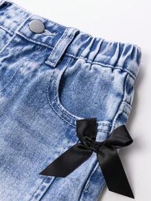 Elladie kids 女童（小号）破洞复古时尚个性前片开叉漂白牛仔阔腿牛仔裤，带 3D 蝴蝶结，百搭四季蓝色休闲裤 - 藍色 - 查看 5