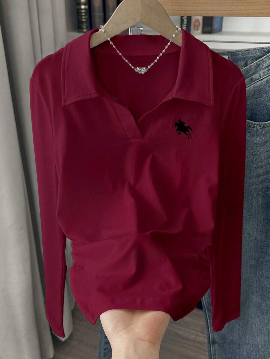 SHEIN Casual Versatile Knight Print Turndown Collar Slim Fit Long Sleeve T-Shirt Fall Cloth For Women - Burgundy - View 1
