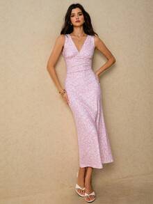 Poéselle Women's Elegant Ditsy Floral Sleeveless Midi Dress, Summer