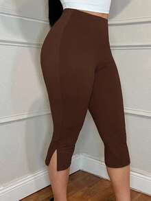 SHEIN SXY Leggings capri de mujer de unicolor con cintura elástica y dobladillo dividido informal - Marrón - Ver 8