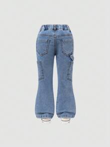 Pantalones acampanados de mezclilla azul desgastada para niñas jóvenes, versátiles y de moda casual - Azul lavado medio - Ver 2