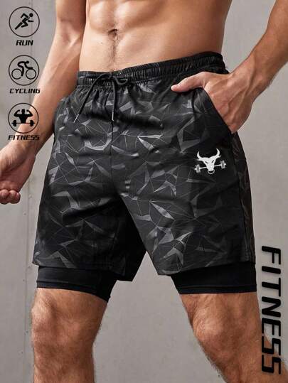 Manfinity Sport Corelite 男式全身图案印花抽绳腰袋运动短裤