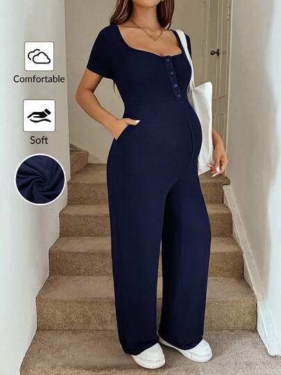 SHEIN Pregnant Women's Patchwork Front Button Tie Waist Casual Jumpsuit Pregnancy Clothing Maternity Rompers Navy Blue Jumpsuit Women Maternity Jumpsuits For Women