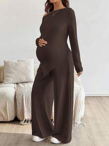 SHEIN 2 piezas Conjunto de top asimétrico y pantalones casuales de maternidad