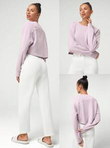 GLOWMODE Modal Silky Smooth Loose Crop Long Sleeve Sweatshirt With Thumbholes Daily Casual Fall - Mauve Purple - View 6
