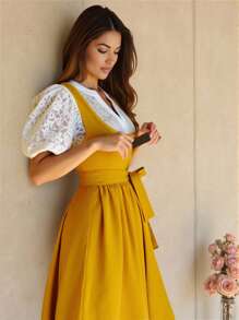 Fairmaia 1 套女式传统德国 Dirndl 连衣裙，配有蕾丝上衣和编织肩带，芥末黄，万圣节 - 黃色 - 查看 2