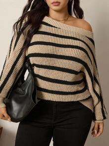 Zelara Striped Asymmetric Neck Loose Fit Plus Size Pullover Sweater Fall Clothes For Women Women's Winter Sweater Women's Winter Clothes Winter Clothes Going Out Tops Going Out Outfit Female Country Look Brown Sweater Brown Top Brown Brown Sweater Winter Clothes For Women Women's Winter Sweater Thanksgiving Outfit For Women Casual Blouses For Women