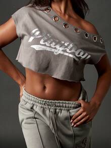 Missguided x Playboy Cotton Off Shoulder Eyelet Detail Crop Top Fall Winter Casual Streetwear