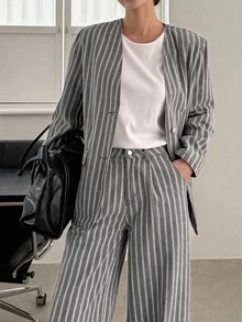 DAZY Costum casual din denim pentru femei, cu decolteu în V, lejer, cu dungi, sacou și pantaloni lejeri cu picior drept, 2 piese - Gri - Vizualizare 2