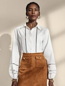 Almamuse Women's Elegant White Lace Trim Long Sleeve Blouse Fall Cloth For Women - White - View 3