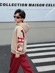 青少年男孩休闲韩版宽松大号字母图案连帽衫和松紧腰裤套装，适合秋季/春季、户外玩耍、学校、街头风格、派对和休闲 - 紅色 - 查看 5