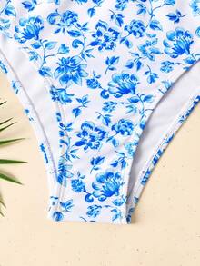 SHEIN Conjunto de bikini floral para niñas preadolescentes, atuendo de playa, ocio de vacaciones, viaje a la , conjunto de traje de baño de tres piezas, traje de baño con falda, traje de baño de tres piezas, traje de baño de niña con pareo, bikini floral con falda - Azul menta - Ver 7