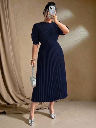 Roveilla Plus Size Women's Elegant Solid Color Woven Embroidered Short Sleeve Midi Pleated Dress Navy Blue Pleated Dress Lace Dress French Style Dress Elegant Midi Dress Pleated Dresses For Women