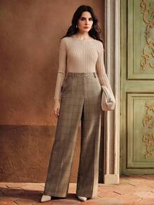 Anewsta 复古都市格子高腰直筒百搭喇叭裤女士西装裤 - 軍綠色 - 查看 5