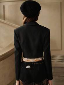 Anewsta Savoree Áo khoác blazer ren chắp vá màu tương phản thanh lịch - Đen và trắng - Xem 2