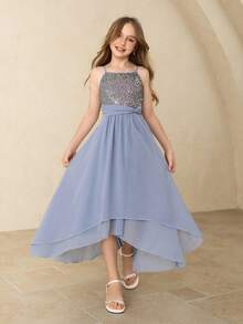 Girls' Chiffon Sequin Princess Dress, Suitable For Halloween, Graduation, Music Performance, Recital, Stage Show - Blue - View 4