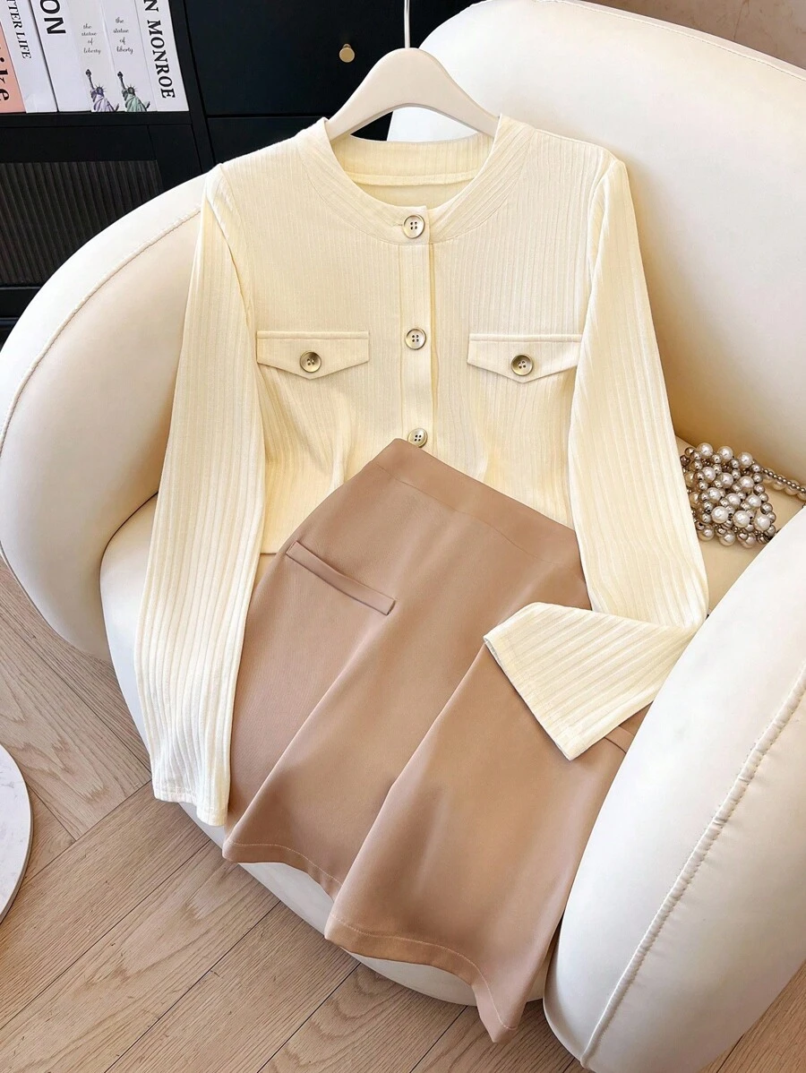 Franclia Women's Autumn Homecoming Outgoing Clothing Apricot Fashion Elegant Long-Sleeved Short Skirt Women's Two-Piece Set Fall Outfits For Women