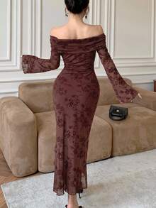 Modelyn Flockiertes Herbst-/Winterkleid im eleganten Retro-Muster für Lehrerinnen - Bordeaux - Übersicht 2