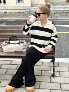 SHEIN 青少年女孩休闲罗纹高领黑白条纹毛衣和纯黑色阔腿裤两件套，适合秋冬季 - 黑與白 - 查看 5