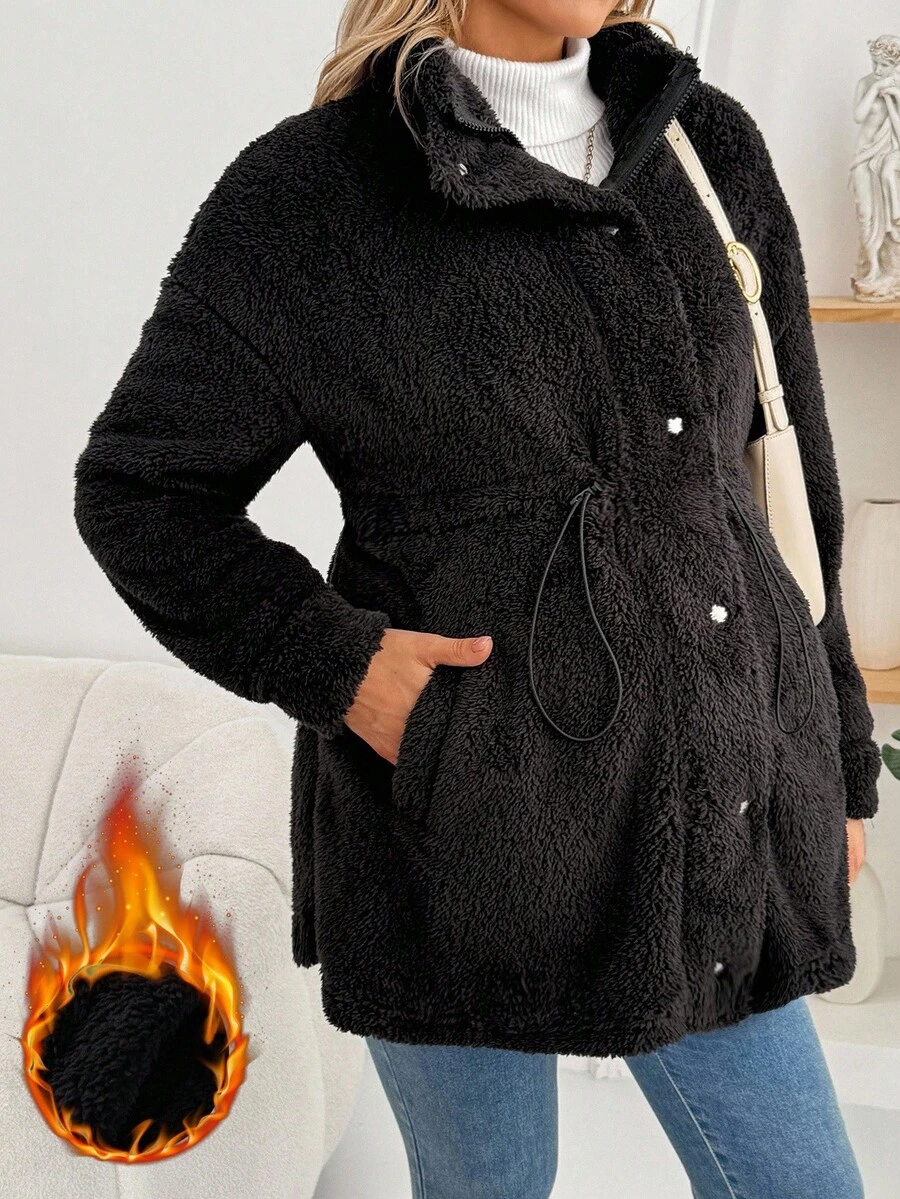 SHEIN 孕妇纯色简约休闲长袖夹克 - 黑色 - 查看 1