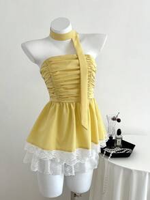Elamini Lace Trim Hem Tube Top With Plaid Scarf - Yellow - View 4