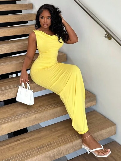 Alexandranx Solid White Sexy Asymmetrical Shoulder Twist Back Maxi Mermaid Dress, Elegant Dress, Vacation Dress, Bridesmaid Dress, Birthday Party Dress, Graduation Dress, Spring/Summer,Butter Yellow Dress