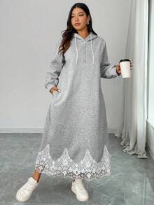 Elenzga Plus Size Women's French Style Casual Backprint Long Sweatshirt Dress Hooded Dress Sweater Dress Women Long Casual Dress Lace Trim Dress Long Sleeve Hooded Dress Winter Fall Autumn - Light Grey - View 6