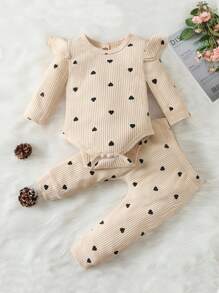 SHEIN Vintaside Kids Baby Heart Print Ruffle Trim Bodysuit & Joggers - Apricot - View 7
