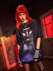 The Nun X SHEIN Kaos Lengan Pendek Leher Bulat Hitam dengan Gambar Tokoh Film Horor - Hitam - View 4