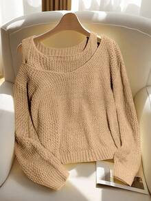 SHEIN LUNE 2pcs Versatile Fashion Commute & Travel Hollow-Out Knit Sweater Set Fall Winter Cloth For Women - Camel - View 5