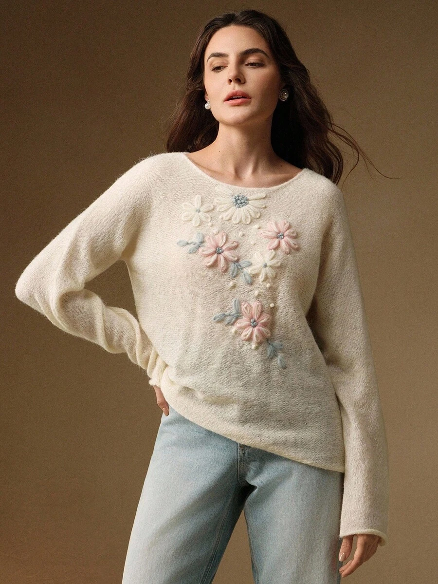 Anewsta 女士刺绣优雅套头衫 - 杏色 - 查看 1