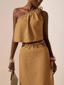 Zivah Conjunto de 2 piezas de top corto sin mangas con lazo y falda recta suelta con cintura asimétrica, material de fibra de bambú, color albaricoque, nuevo lanzamiento de verano 2025 para Día de la Madre, boda, fiesta de cumpleaños, casual, vacaciones, estilo callejero, elegante, oficina