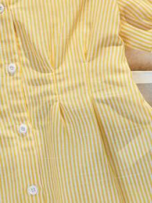Sparklyn 条纹前扣短袖休闲衬衫，灯笼袖，蝴蝶结褶腰A字修身版型，适合女孩、办公室、度假休闲、夏季 - 黃色 - 查看 6