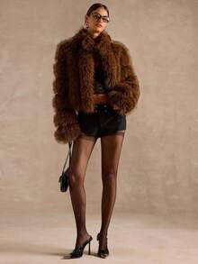 SHEIN BAE Women's Autumn/Winter Fashion Striped Faux Fur Jacket,Autumn-Winter Fur Coat,Fur Coat Women ,Faux Fur Coat,Elegant Fur Coat - Chocolate Brown - View 3