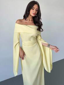 Firerie 优雅纯色露肩长袖褶皱腰 A 字中长连衣裙，适合日常、度假、返校、毕业典礼、派对 - 奶油黄 - 黃色 - 查看 8
