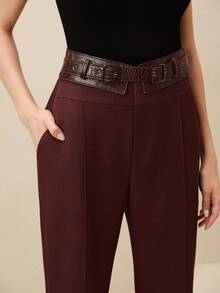 Anewsta 时尚高腰裤，配金属扣腰带，适合通勤，优雅，别致，秋冬，新年，勃艮第酒红色 - 中紫紅色 - 查看 5