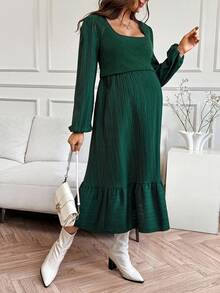 SHEIN 孕妇休闲通勤纯色哺乳连衣裙 - 綠色 - 查看 6