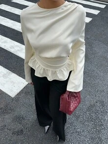 Siren Gaze Ruched Drape Long Sleeve Shirt, White Collar Shirt, Crew Neck Pullover Shirt Peplum Blouse Ruffle Blouse Cream Blouse Modest Blouse Winter Casual Spring - Apricot - View 3