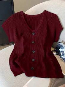 GlowEve CURVE 大码女式夏季圆领短袖休闲舒适纽扣装饰T恤 - 中紫紅色 - 查看 1