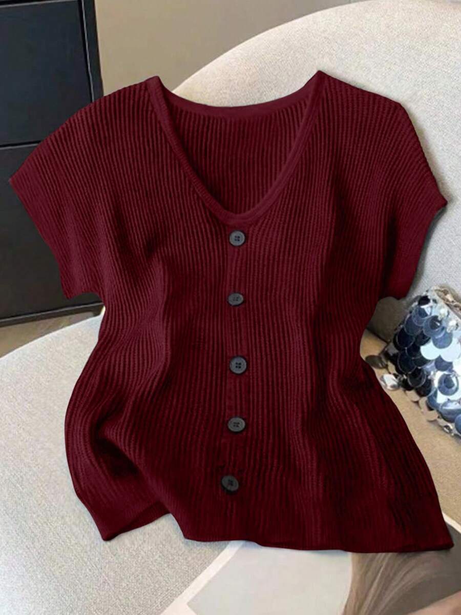 GlowEve CURVE 大码女式夏季圆领短袖休闲舒适纽扣装饰T恤 - 中紫紅色 - 查看 1