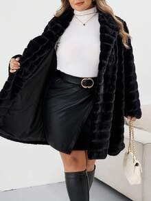 SHEIN CURVE+ 大码纯色蓬松长袖外套，秋冬圣诞派对女式外套，时尚日常穿着，办公穿着，复古富贵，日常休闲假日仿皮草外套 - 黑色 - 查看 9