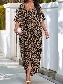 SHEIN Lady CURVE 大码 V 领长袖纯色拼接宽松休闲连衣裙长袍万圣节服装万圣节服装 - 棕色 - 查看 2