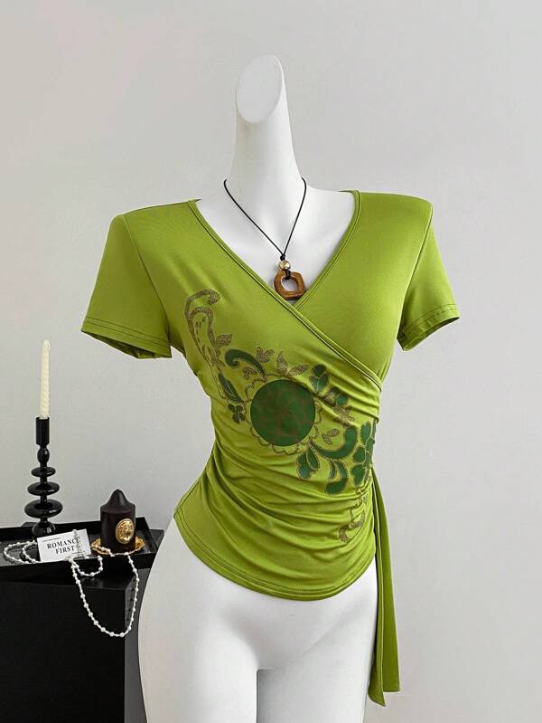 Sweetra Dames groene V-hals vintage Boheemse bloemenprint romantische zomer bodycon back to school strandvakantie korte mouwen top