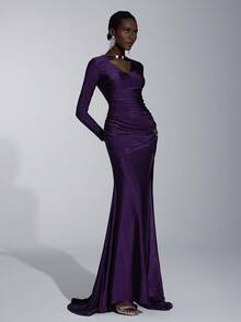 Elitara 优雅、浪漫、性感、简约、紫色、针织、串珠装饰、镂空、鱼尾下摆、时尚、节日、度假、生日派对、婚礼活动、伴娘礼服 - 紫色 - 查看 2