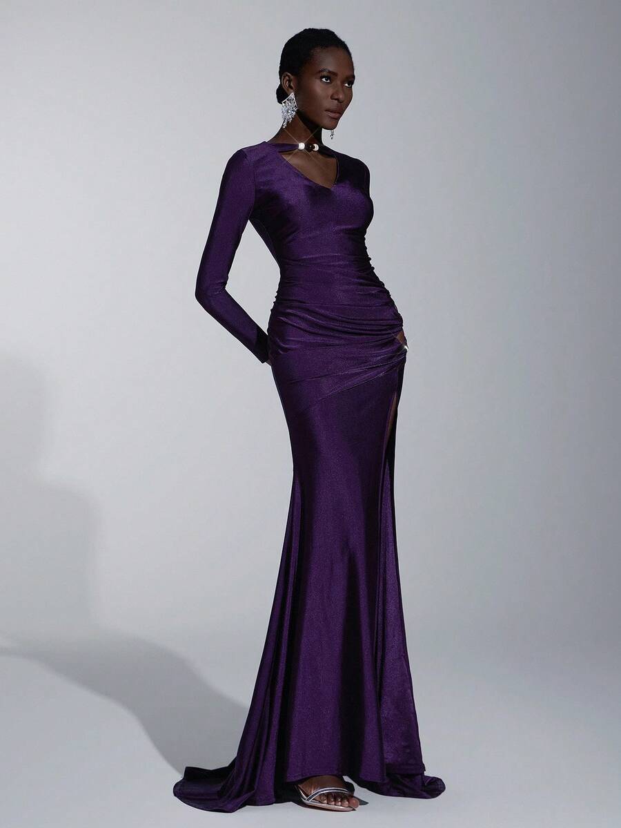 Elitara 优雅、浪漫、性感、简约、紫色、针织、串珠装饰、镂空、鱼尾下摆、时尚、节日、度假、生日派对、婚礼活动、伴娘礼服