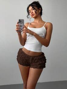 Aloruh Women's Lace Trim Mesh Multi-Layer Ruffle Hem Cake Shorts, Fashionable Contrast Color For Music Festival, Spring/Summer - Brown - View 4