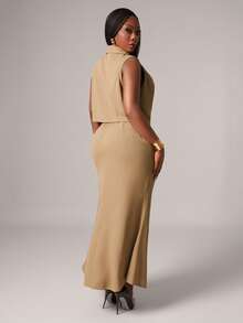 SHEIN SXY 大码女装秋冬性感优雅卡其色无袖背心套装搭配鱼尾裙，适合性感迷人的职场女性、舞会、情人节、邮轮旅行、通勤、商务场合、复古风、派对、度假、外出、老钱风、层次感丰富的穿搭、约会之夜、聚会、极简主义、生日、正式活动、辣妹风、伊比沙岛风、纳什维尔风、休闲风、端庄风、时尚风、休闲风、购物、街头风、外出等各种场合，凸显身材，修饰身形。 - 卡其色 - 查看 2