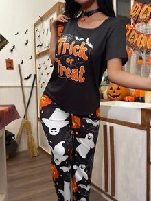 CoupledUp Women's Halloween Pumpkin, Bat, Ghost Cartoon Print Knit Short Sleeve Pajama Set - Black - View 6