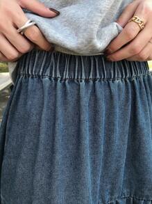 FRIFUL 女士纯色弹力腰荷叶边长款牛仔裙 - 藍色 - 查看 4